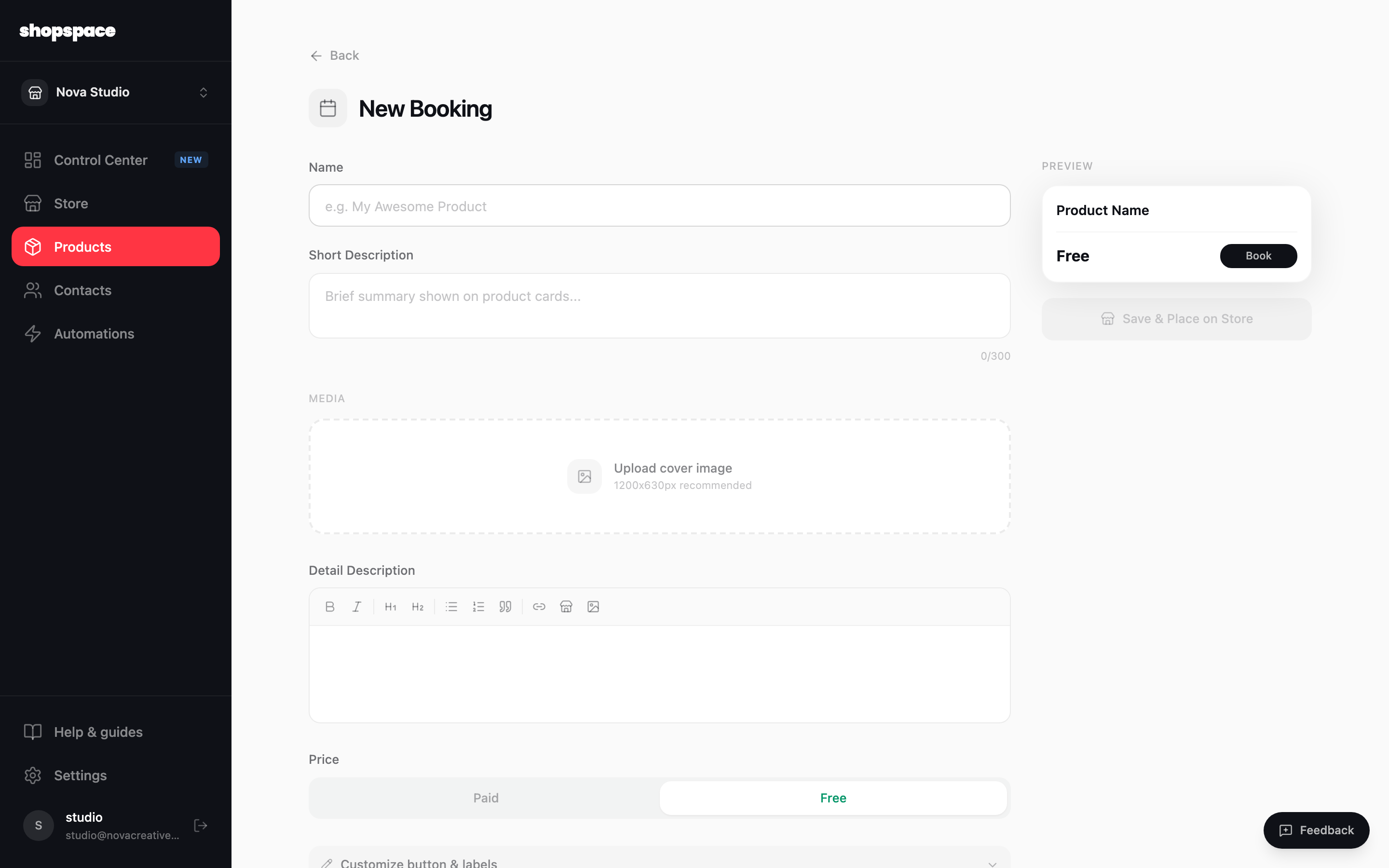 Add a product and choose Booking