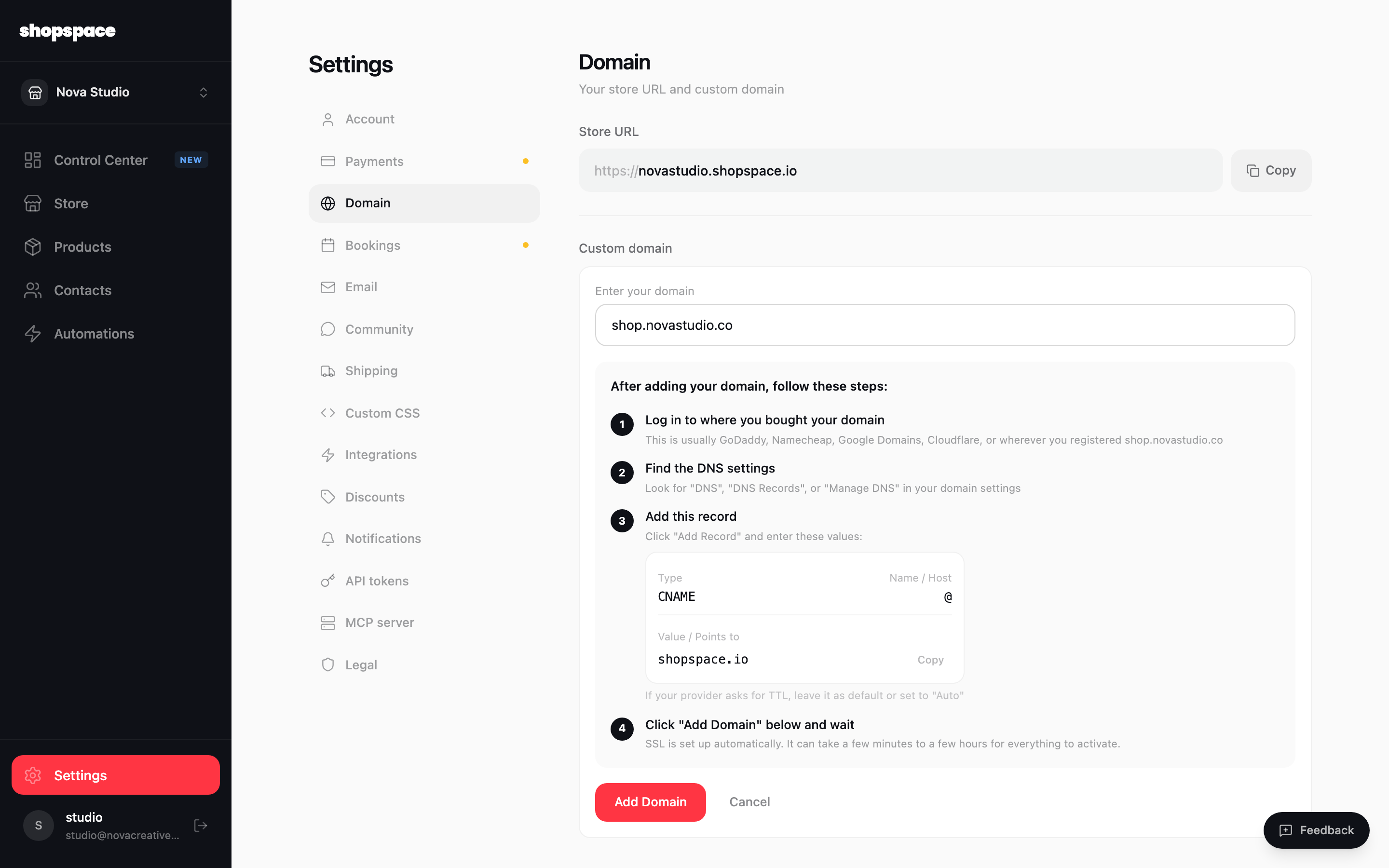 Enter your domain and add the DNS record