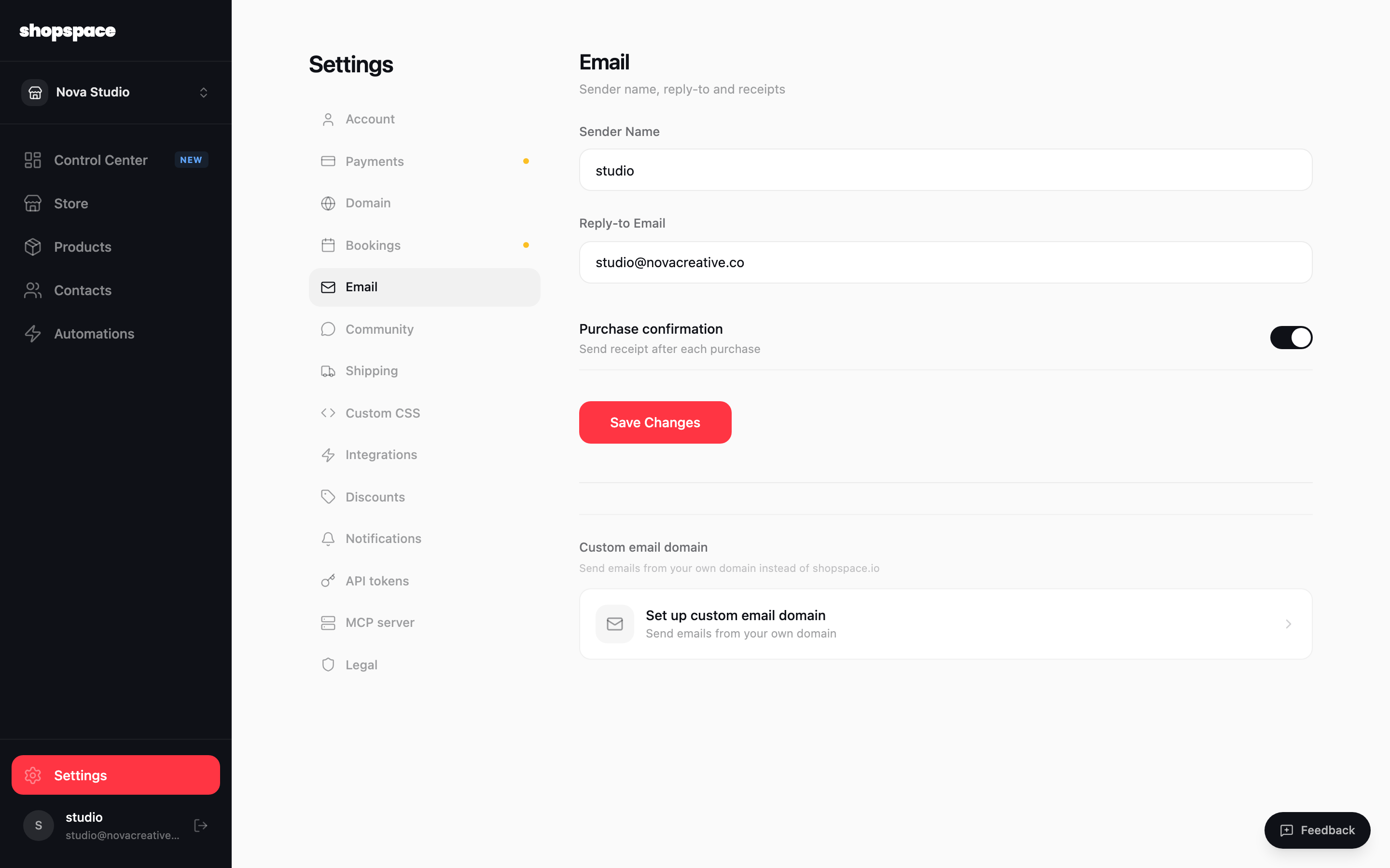 Open Settings, Email, and find Custom email domain