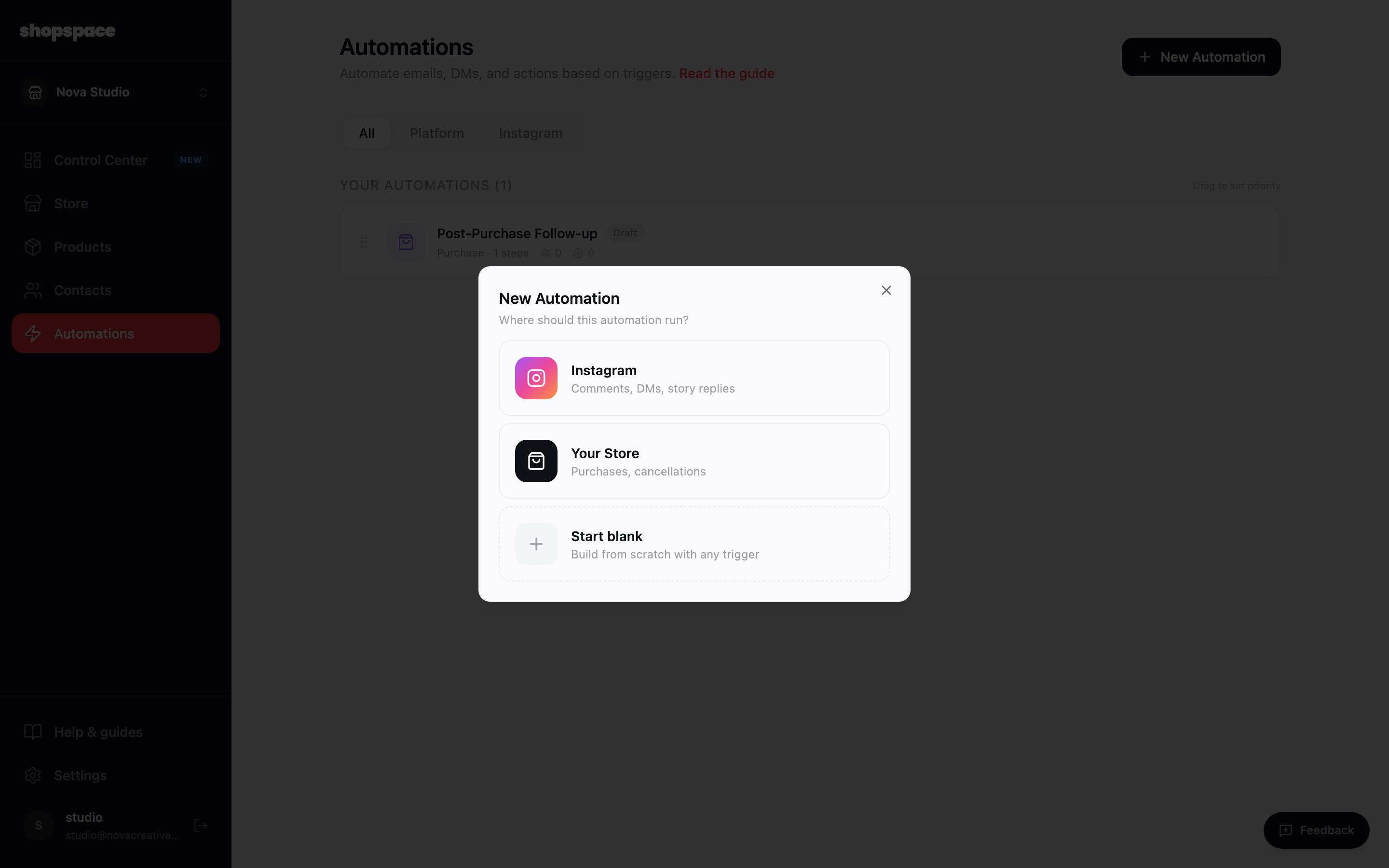 Start a new automation and choose Instagram
