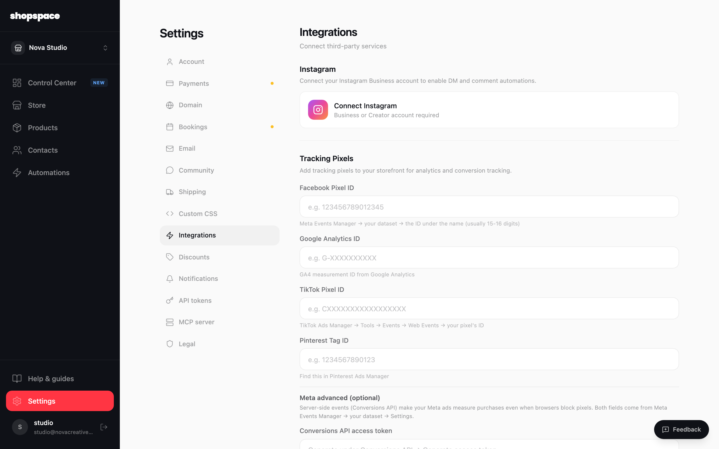 Open Settings and go to Integrations