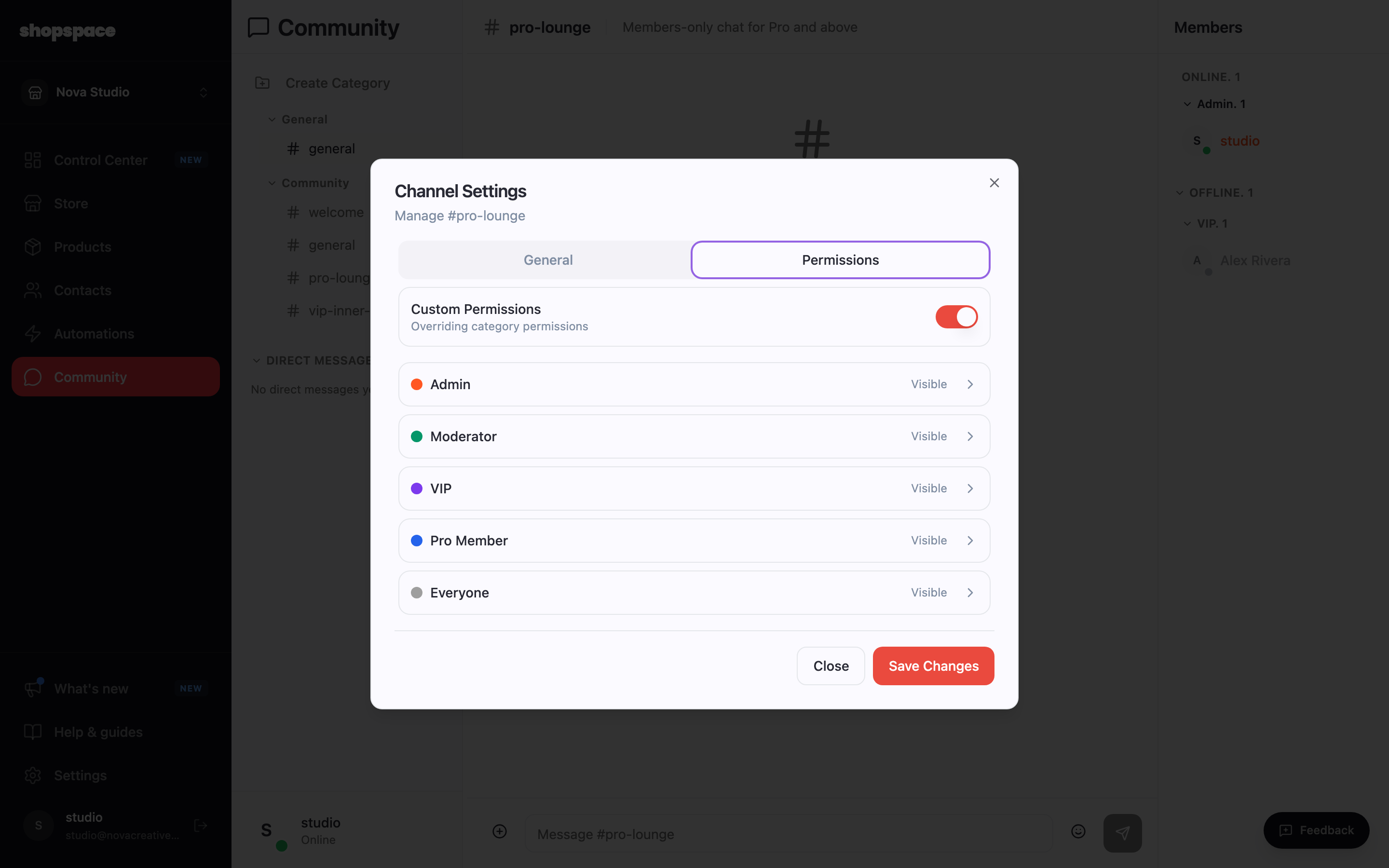 Decide which channels the role can see