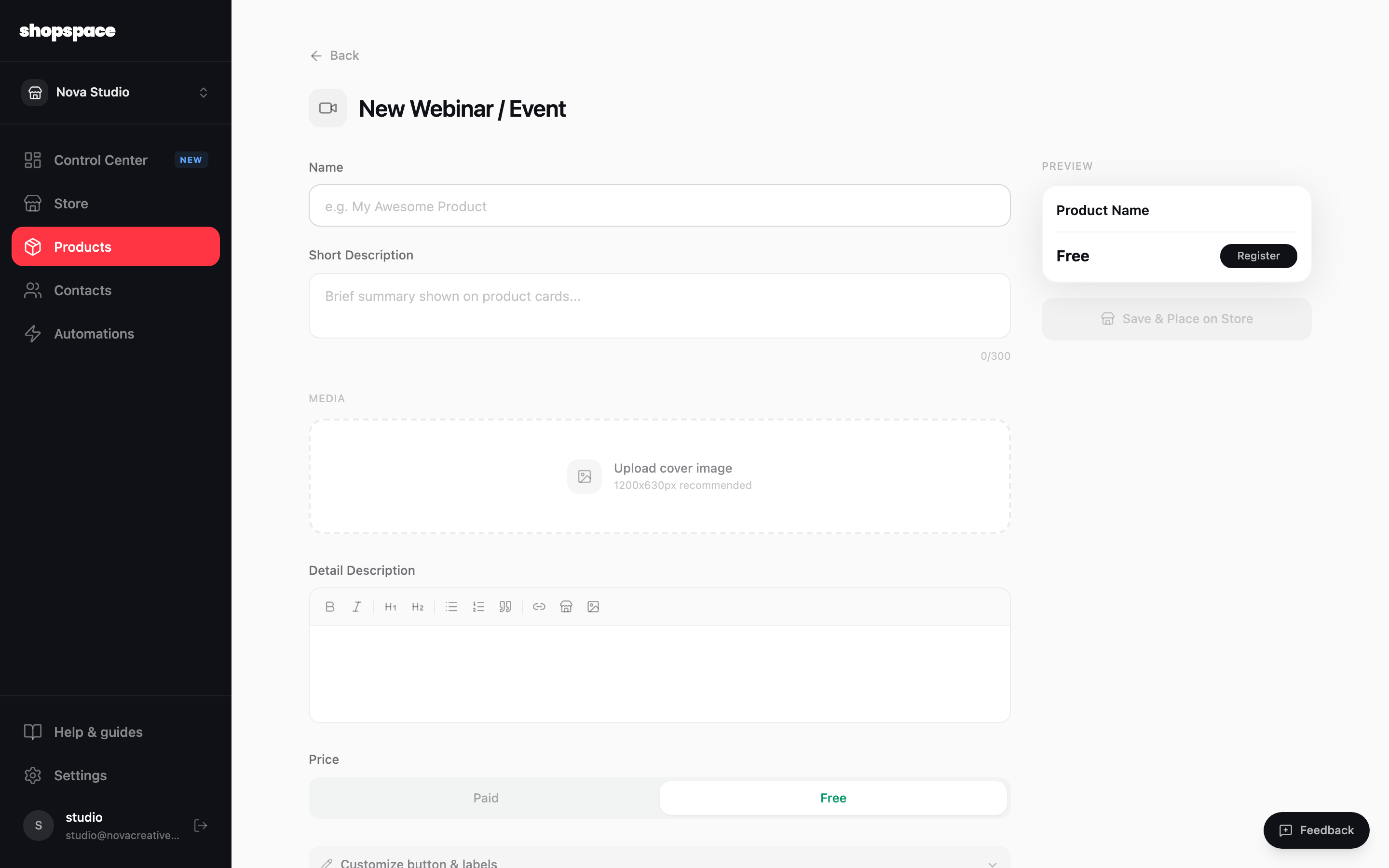 Add a product and choose Webinar / Event